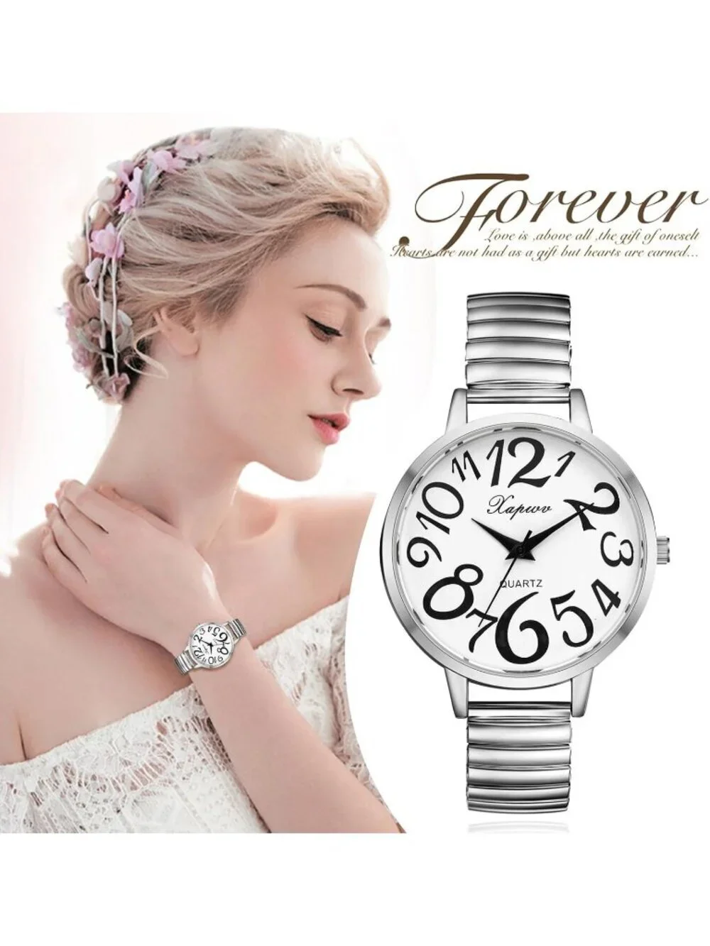Women's Silver Analog Quartz Big Numbers Easy Reader Stretch Band Wrist Watch